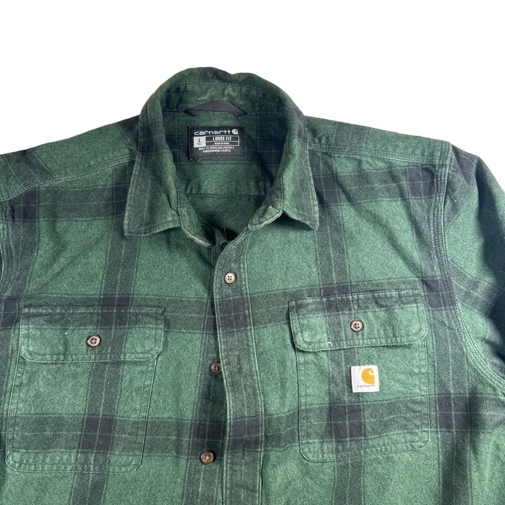 Carhartt Men's Large Loose Fit Flannel Shirt Green Plaid Workwear Heavy Cotton